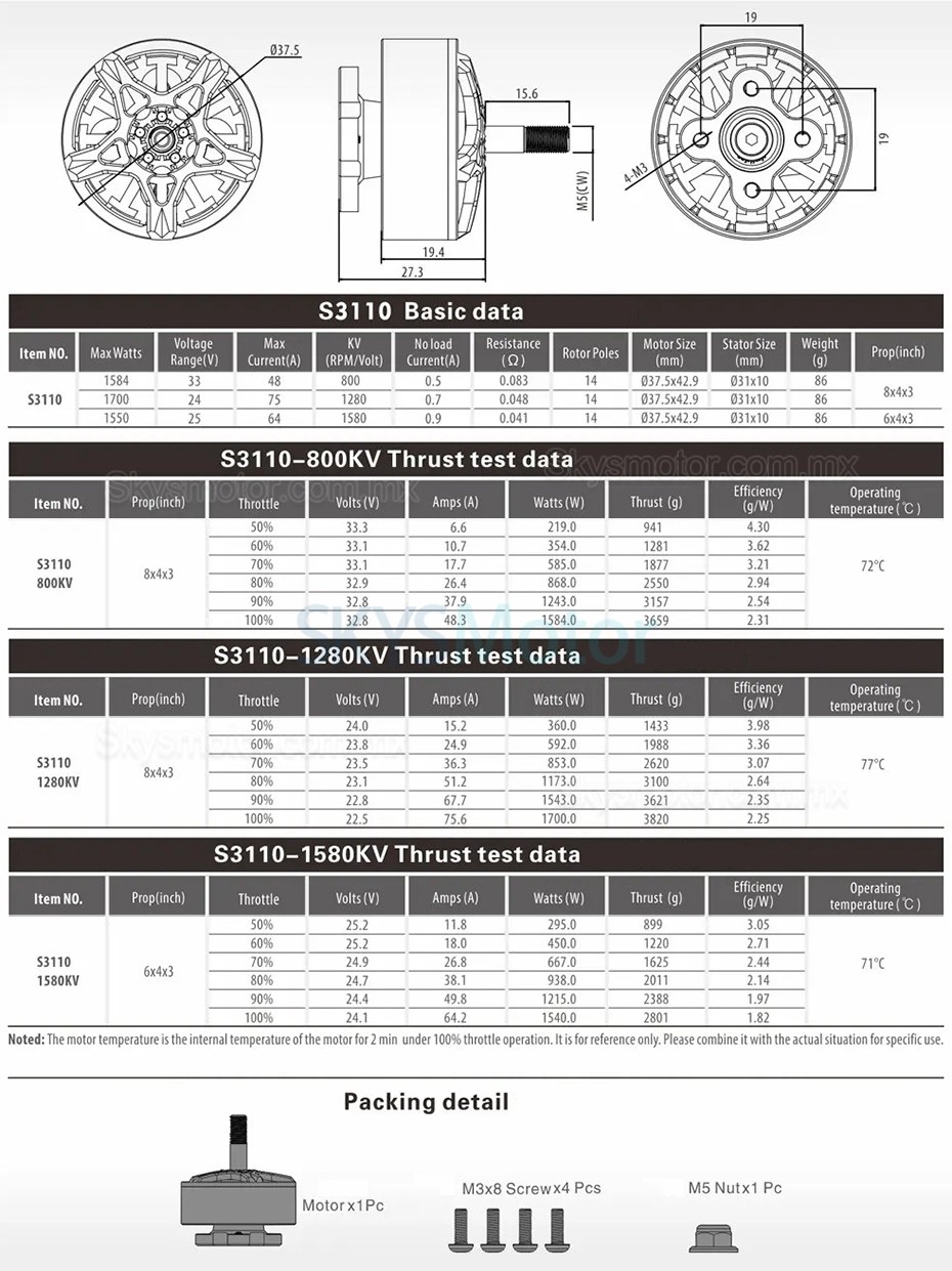 Surpass Hobby S3110 800KV /1280KV/1580KV Motores para drones brushless 14 polos (Hélice compatible HQ8x4x3)